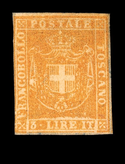 unused   3 Lire yellow-ochre, remarkably fresh with good margins on three sides, outer frame line barely touched at left, with much original gum.  A quite exceptional example of this great world rarity and one of only a very few existing that may be fairly categorised as "mint". Enzo Diena certificate (1984) stating ".... uno dei migliori tra i pochi esemplari nuovi conoscuito ...". Sassone 23; L. 350,000,000. Photo