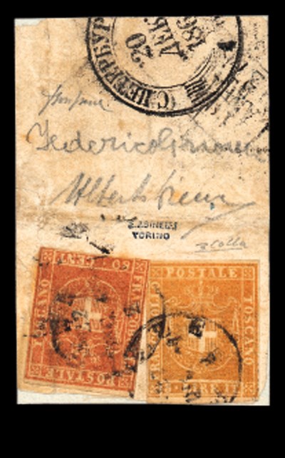 on piece  3 Lire yellow-ochre, a good example of this rarity with clear to large margins on three sides, just cut-into at left, used with 80c. chestnut, touched or cut-into on two sides, affixed to a piece and cancelled by "FIRENZE" single-ring d.s. with part St. Petersburg, Russia transit or arrival c.d.s. An extremely rare franking. Enzo Deina Certificate (1984). Signed Alberto Diena, Federico Grioni, Asinelli and Colla. Sassone 23+22; L. 275,000,000. Photo
