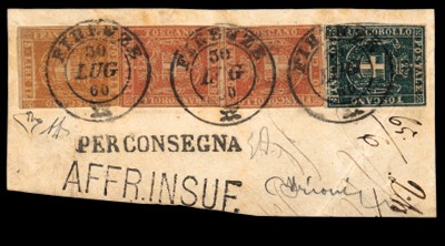 on piece  3 Lire yellow-ochre, strong colour with mainly large margins on three sides (cut-into at right) with 80c. chestnut (2 examples) and 20c. blue, all touched or just cut-into places on piece, neatly tied by three strikes of the "FIRENZE 30 LUG 60" double-ring d.s., showing  "PER CONSEGNA" and "AFFR. INSUF." h.s. alongside. An exceptional and probably unique tricolour franking. Enzo Diena certificate (1984). Signed Grioni. Sassone 23, 22 (2), 20. Photo