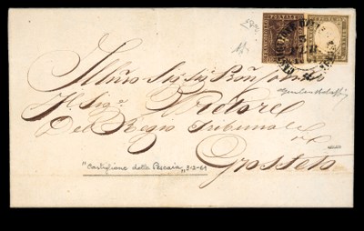 cover 10c. brown in combination with Sardinia 10c. greyish olive-brown both fine on 1861 (3 Feb.) entire to Grossetto tied by a single strike of the "CASTIGLIONE DELLA PESCAIA" double-ring d.s. A most attractive and very rare mixed State franking and believed to be the only one recorded from Castiglione. Enzo Diena certificate (1978). Signed Guilio Bolaffi. Sassone Tusc. 19; Sard 14B. Photo