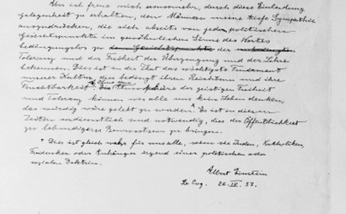 EINSTEIN, Albert (1879-1955). Autograph letter signed ('Albert Einstein') [to the Comité Français pour la Protection des intellectuels juifs persécutés], last page only, a statement of support for the principle of freedom of conscience, Le Coq [sur Mer, Belgium], 26 April 1933, one page, 4to, mounted, later boards. Provenance. Lot 6 in a sale for the benefit of the Comité Français pour la Protection des intellectuel juifs persécutés, Drouot, 14 June 1934.