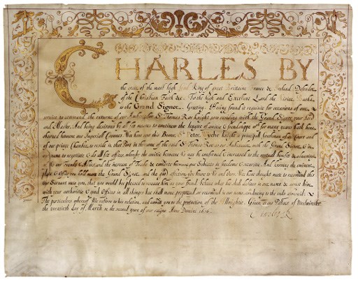 CHARLES I, King of England (1625-1649). Letter signed, addressed to 'The high and excellent Lord the Visier Basha to the Grand Signor' [Ekrem Khalil Pasha, the Grand Vizier to Sultan Murad IV], Westminster, 20 March 1626[27].