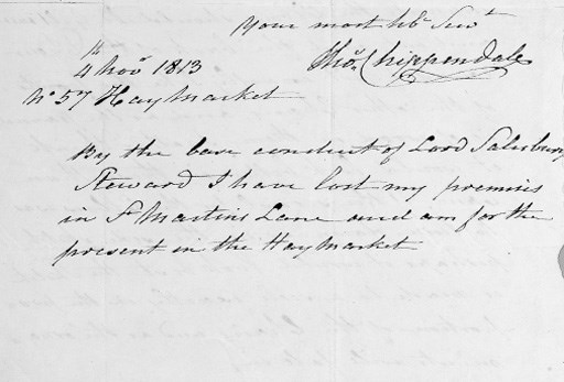 CHIPPENDALE, Thomas, Jr (1749-1822). Autograph letter signed ('Thos Chippendale') to an unidentified correspondent ('Sir'), 57 Haymarket, London, 4 November 1813, 2 pages, 4to (conjugate leaf torn away, with small loss, touching one word, and short tear to outer margin).
