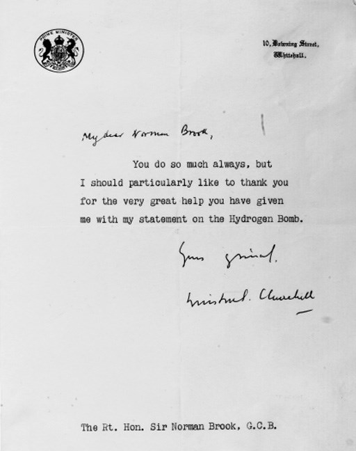 CHURCHILL, Winston Spencer (1874-1965). A series of two autograph letters signed and sixteen letters signed to Norman Brook (later Lord Normanbrook), 10 Downing Street, 28 Hyde Park Gate, Chartwell, The Middlesex Hospital, 22 August 1950 - 4 December 1964 and n.d., 3 pages, 8vo, in autograph, and 2 pages, 8vo, and 13 pages, 4to, typescript (occasional slight discolouration), pasted or tipped in to an album, with supplementary material including three letters from Clementine Churchill, photographs of the Brooks with the Churchills at Chartwell, and papers relating to Churchill's funeral, 56 pages, 4to, some blanks, half red morocco, lettered on spine 'W.S.C. and N.C.B.' (spotting); [with:] Norman BROOK, a lockable notebook recording 'Unconsidered Sayings of W.S.C.' on Tito, Clement Attlee, foreign affairs and other subjects, with notes on Mackenzie King, Balfour, Oliver Stanley and others, and letters from Clementine Churchill (4), Attlee, and Harold Macmillan (6), 18½ pages, 4to in Brook's autograph, black roan (worn). Provenance. Norman Brook; and by descent.

PRIVATE LETTERS FROM CHURCHILL TO HIS SECRETARY OF THE CABINET. The earliest letter sends thanks for help with his The Second World War, and reflects Churchill's prevailing gloom at the state of post-war Europe, 'I am continually oppressed by the sense of the perils which surround us now'. A number of the letters offer congratulations or thanks, reflecting the intimate relationship between the Prime Minister and the linchpin of his cabinet administration: on 14 May 1953 Churchill writes that he is recommending Brook for a Privy Counsellorship, and on 22 June 1954 for an honorary degree at Bristol University; an undated letter later the same year offers thanks for Brook's 'very great help...with my statement on the Hydrogen Bomb'. Two letters pay direct tribute to Brook's indispensability: an illness in September 1954 prompts Churchill to assure him that 'Although your absence is always unwelcome, I am sure it would be a mistake for you to return to your office before you are restored to your normal health and vigour'; on Brook's impending retirement in 1963 Churchill declares that 'an irreplaceable part has been taken from the machinery of government'. In an interesting letter of 29 May 1955 Churchill comments after his own retirement from office: 'I feel that the Prime Minister [Eden] is well established in the goodwill and confidence of the country. The stability of Britain plays a great part in the stability of the world'.

Norman Craven Brook, Baron Normanbrook (1902-1967) was Secretary of the Cabinet from 1947 to 1962, a post he combined from 1956 with those of joint Permanent Secretary of the Treasury and head of the Home Civil Service, as well as being for sixteen years Secretary to the Meetings of the Commonwealth Heads of Goverment. Combining 'exceptional administrative ability' (DNB) with firm views on the importance of self-effacing and minimalist administration, he was the foremost civil servant of his generation.	 (2)