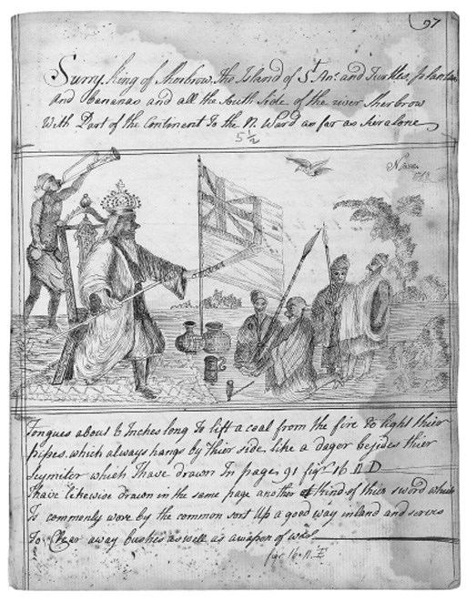 [SLAVERY] Nicholas OWEN (d. 1759). Autograph manuscript signed, narrative and journal of voyages between England, Philadelphia, Rhode Island, the West Indies and West Africa, and of five years' residence in Sierra Leone as a slave trader on the Sherbro River, with a short continuation by his brother Blayney after his death, Sierra Leone, 1756 - June 1759, decorated autograph title, 'A View of Some remarkable axcedents In The Life of Nics Owen on the coast of Africa and america from the Year 1746 to the Year 1757', illustrated with 20 drawings by Owen, in pen and ink, half- and full-page, showing islands and landscapes of the West African coast, as well as indigenous customs, notable characters, artefacts and wildlife, with some maritime scenes and caricatures, 109 pages, 4to (numbered 1-107 in autograph), (lacking one leaf, pp. 75-76, occasional staining, not affecting legibility, wear and tears to outer margins), morocco backed boards (worn). Provenance. Mr Commissioner Marsh, Chairman of the Navy Board, d.1800 (note on inner cover); and by descent.

A JOURNAL OF THE LIFE OF A SIERRA LEONE SLAVE-TRADER IN THE 1750s. Owen, son of an impoverished Irish gentry family, describes first, as a warning to others, his early shipboard life on six slaving voyages between 1746 and c.1754, including such incidents as his involvement in a mutiny and the eventual capture and confiscation of his ship by natives of Sierra Leone. Disillusioned by such adventures, Owen and his brother settle down to make their fortune by slave trading, based initially on Sherbro Island and later at York Island, off the north-west corner of Sherbro. Owen takes a perceptive interest in the lives and customs of the Buloms of the Sherbro region, describing their laws, in particular the curious power of the 'Pora' secret society and of the 'Mandingo' (i.e. Mandinka, a term used for virtually any West African Muslim) diviners, the customs and usages accompanying death and marriage, and the manner of clothing and food. Owen's zoological observations are also of interest, somewhat marred by his indiscriminate use of the word 'worm' to describe creeping things. Owen failed to make his fortune, owing in part to the ill effects on trade of colonial ramifications of the Seven Years' War (1756-63); he died after recurrent fevers on 26 March 1759.

There was an English 'factory' in the Sherbro by 1628, and the area was for a time granted to the Royal African Company, which had its base at York Island until 1719. The Company abandoned Sierra Leone in 1728, and was wound up in 1754, being incorporated into the Company of Merchants Trading into Africa. The absence of a central trading company gave an opening for a number of fortune-seeking opportunists to set up as slave-traders on the Sierra Leone coast. Sherbro Island remained a centre of the slave trade until General Charles Turner brought the island and adjacent areas under British protection in 1825. The peculiar influence of the Poro, described by Owen, is reported to survive along the West African coast to this day. The lot also includes Nicholas Owen, Journal of a Slave-Dealer (ed. Eveline Martin, London, 1930).
	 (2)