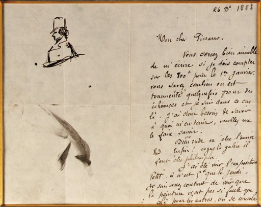 GAUGUIN, Eugène-Henri-Paul (1848-1903). Autograph letter signed ("P Gauguin") TO CAMILLE PISSARRO (1830-1903), incorporating a DRAWING OF A MAN IN TOP HAT, n.p., 26 December 1882. 3 pages, 8vo, FINELY FRAMED in a custom double-sided gilt and brown frame with blue and taupe linen mat and image of Gauguin (unexamined out of frame). In French.