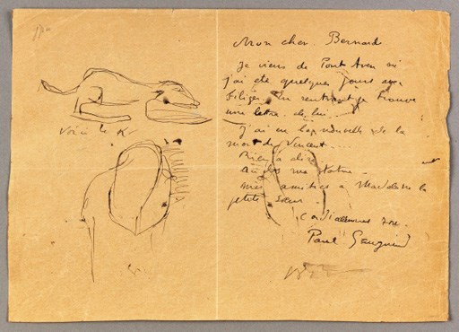 GAUGUIN, Eugène-Henri-Paul. Illustrated autograph letter signed ("Paul Gauguin")  TO ÉMILE BERNARD (1868-1941) ("Mon cher Bernard"), n.p., n.d. [Tahiti?, 1890s?]. 3 pages, large 8vo, on thin (Tahitian-made?) paper, evenly browned, letter on page 1, drawings on page 3 and 4 of a four-page gathering. In French.