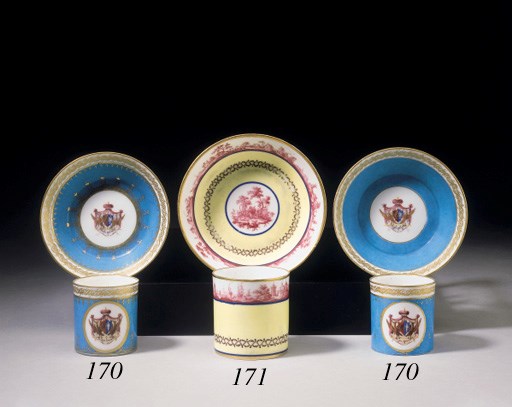 A PAIR OF SEVRES BLEU CELESTE COFFEE CANS FROM THE BARIATINSKII SERVICE (GOBELET 'LITRON' ET SOUCOUPE, 3EME GRANDEUR)