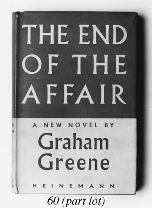 GREENE, Graham.  The End of the Affair, London: William Heinemann, 1951. 8°, original cloth, dust-jacket (edges a little chipped). FIRST EDITION.