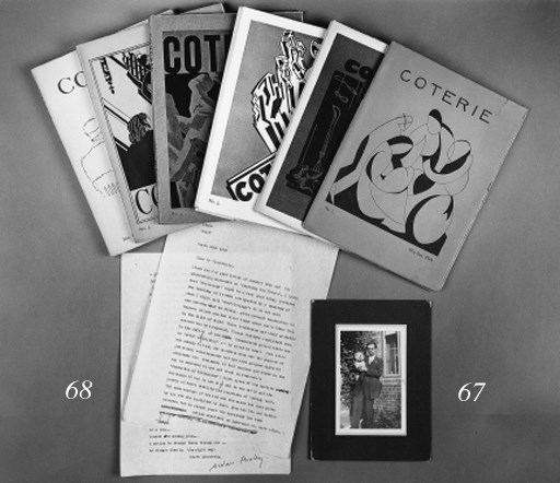HUXLEY, Aldous (contributor). Coterie, London: The Bomb Shop, Hendersons, 1919-1920. 7 numbers in 6 fascicules (all published, numbers 6/7 a double issue), 4°, pictorial titles and illustrations after David Bomberg, André Derain, Nina Hamnett, Amedeo Modigliani, Edward Wadsworth and others, original printed pictorial wrappers after Bomberg, Hamnett and others, contained in a contemporary cloth box titled in gold (some light fading, short clean tear on wrapper of number 1, wrappers of number 3 slightly frayed at edges, box slightly worn at joints). Eschelbach and Shober 459, 473, 498, 547, and 640; Muir and van Thal Huxley and Powys p.37.
