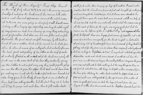 [JOURNAL - ANGLO-CHINESE WAR 1857] The manuscript journal of W.H.C. Deacon aboard the troopship H.M.S. Transit dating from 4 April 1857, 118pp of text, 8°, bound in blue cloth (rubbed). A detailed and lively first-hand account of his eventful voyage to China to participate in the taking of Canton in 1857 and the subsequent Treaty of Tientsin in 1858 - on board the ship, a detatchment of medical staff, two companies of the 59th Regiment and three companies of the 90th Light Infantry under Lieutenant Colonel Stephenson of the Scotch Fusiliers.