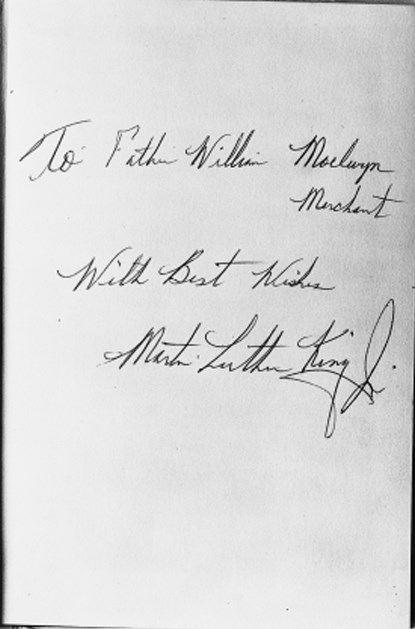 KING, Martin Luther Jr.  Strength to Love, New York, Evanston and London: Harper & Row, 1963. 8°, original cloth-backed boards, dust-jacket (extremities frayed and rubbed). FIRST EDITION. PRESENTATION COPY, the front free endpaper inscribed 'To Father William Moelwyn Marchant, With Best Wishes, Martin Luther King Jr.'