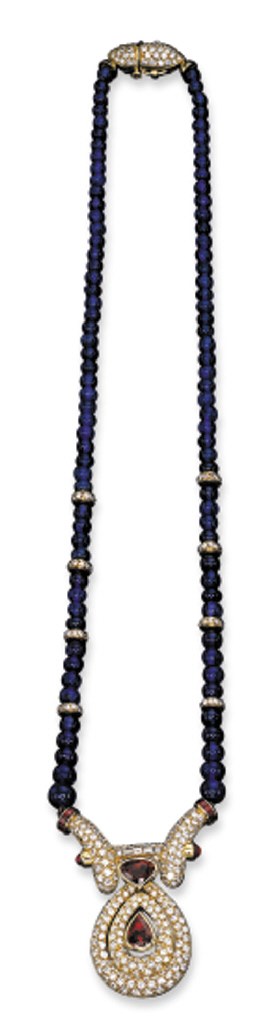 A SAPPHIRE BEAD, RUBY AND DIAMOND PENDENT NECKLACE