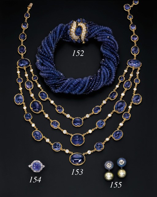 A CABOCHON SAPPHIRE AND DIAMOND FESTOON NECKLACE
