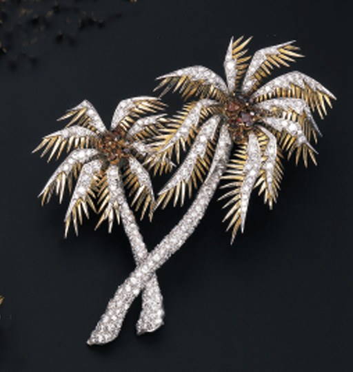 A DIAMOND, TOURMALINE AND 18K GOLD PALM TREE BROOCH, BY ASPREY