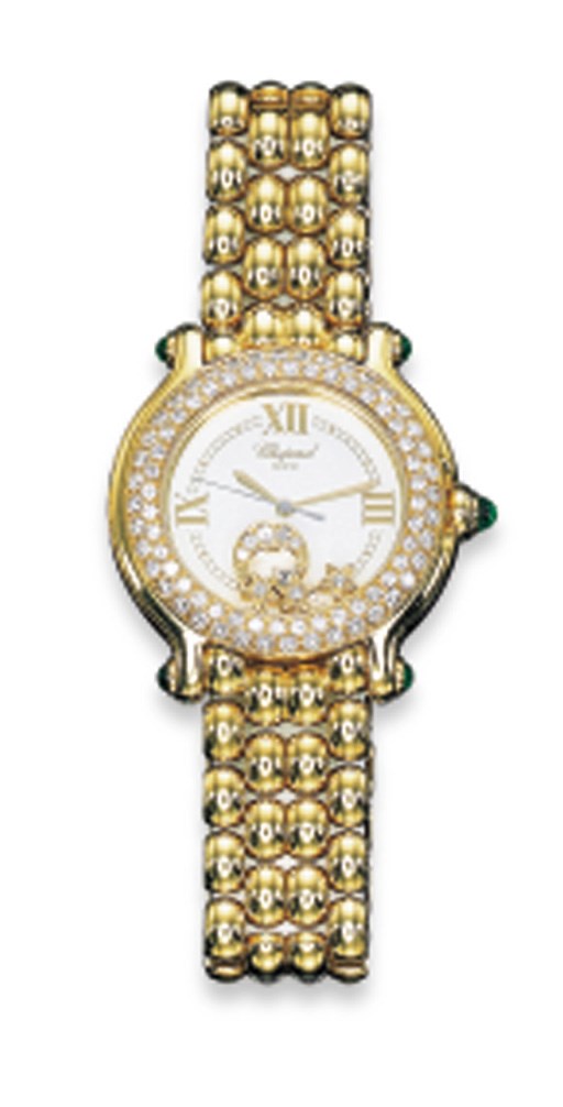 A DIAMOND AND EMERALD "HAPPY SPORT" WRISTWATCH, BY CHOPARD