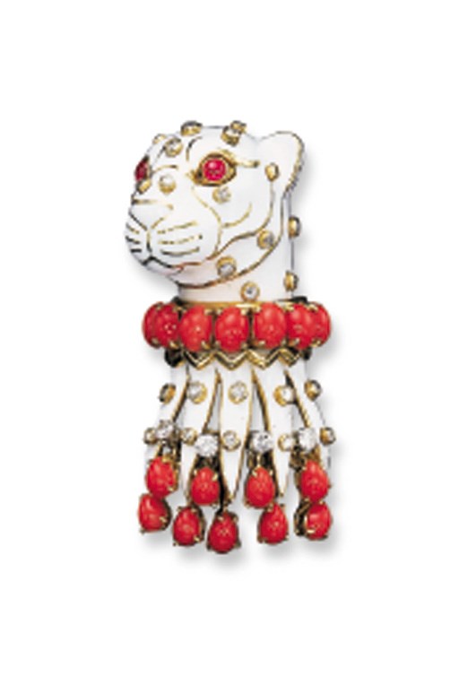 AN ENAMEL, CORAL AND DIAMOND PANTHER HEAD CLIP BROOCH, BY DAVID WEBB