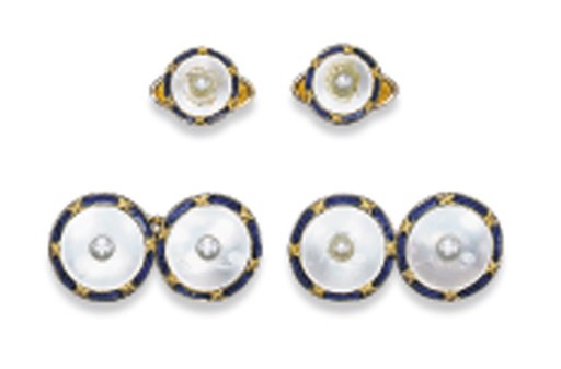 A MOTHER-OF-PEARL, PEARL AND ENAMEL DRESS-SET