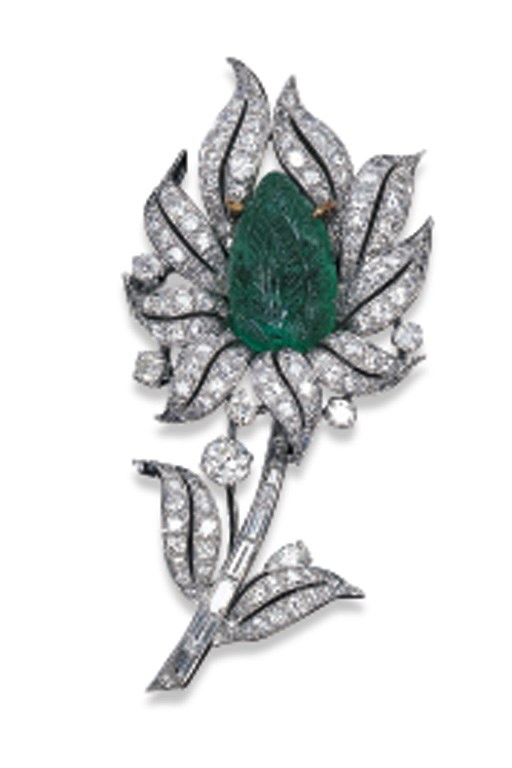 A DIAMOND AND CARVED EMERALD FLORAL BROOCH, BY VAN CLEEF & ARPELS
