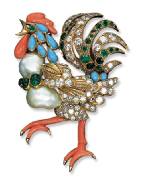 A MULTI-GEM ROOSTER CLIP BROOCH, BY VAN CLEEF & ARPELS