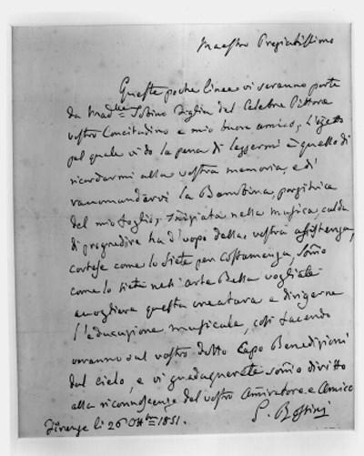 ROSSINI, Gioachino. Bella lettera autografa firmata (una pagina piena 4o picc., con busta con indirizzo autografo: al "Maestro Pregiatissimo" Santini, "Celebre compositore di Musica, Genova"), Firenze li 26 Ott.bre 1851: raccomanda con "queste poche linee" una giovane, "Mad.elle Tobino figlia del Celebre Pittore vostro Concitadino e mio buon amico": "la Bambina, porgitrice del mio foglio, iniziata nella musica, calda di progredire ha d'uopo della vostra assistenza, cortese come lo siete per costumanza [...] vogliate accogliere questa creatura e dirigerne l'educazione musicale". In cornice.