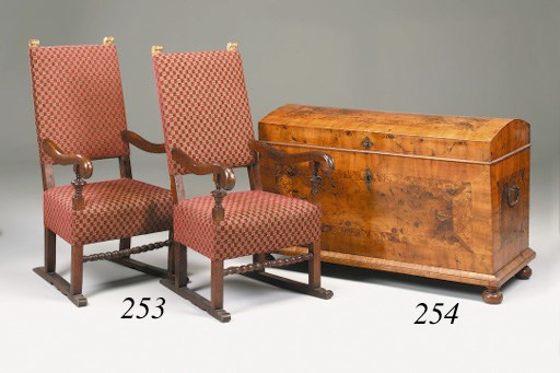 A South German walnut, crossbanded, burr-figured possibly Mulberry and marquetry dome top coffer, 18th century