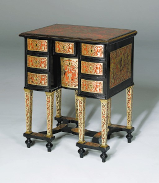 A French scarlet-tortoiseshell and brass marquetry ebonised bureau mazarin, 19th century with elements possibly of an earlier date