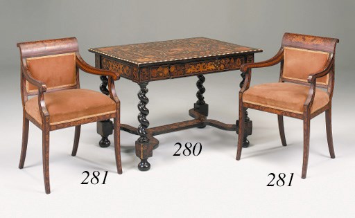 A Continental ebonised and marquetry centre table, 19th century