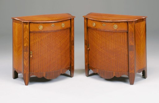 A pair of Dutch satinwood and rosewood-crossbanded bowfront dwarf side cabinets, 19th century