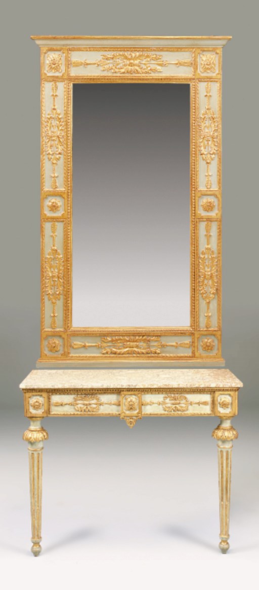 An Italian pale green decorated and parcel-gilt pier table and companion mirror, 19th century