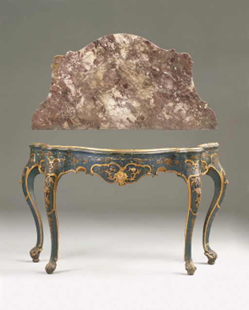 A Venetian later gilt and decorated marble top console table, 18th century and later