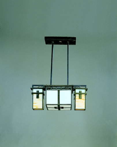 A PATINATED-METAL AND GLASS CEILING FIXTURE