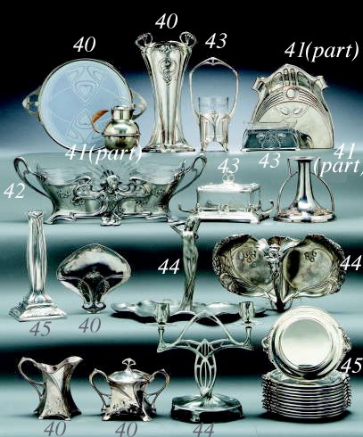 A GROUP OF SILVER-PLATED AND ETCHED GLASS TABLE OBJECTS