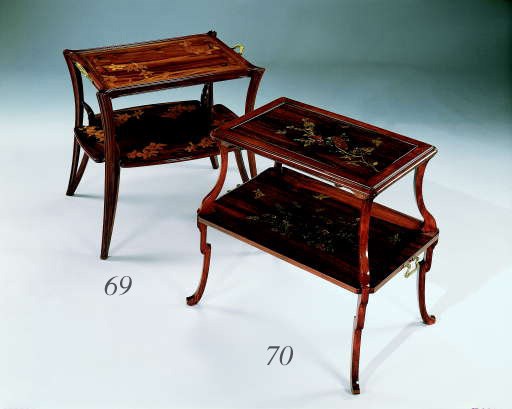 A MAHOGANY AND MARQUETRY TWO-TIERED TABLE