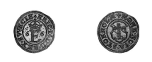 Half-öre, (15)66, 1.75g., Stockholm, crowned E between 6 - 4, rev. cross in shield (Ant.564; SM.40), extremely fine