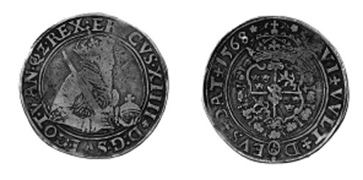 Daler, 1568/7, 28.47g., crowned and cuirassed bust right holding orb and sword, rev. crowned arms (Ant.516; SM.11), fine