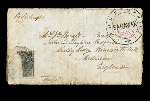 cover 1859 (31 Aug.) entire letter headed "Bidi Sarawak Singapore", marked "By Southampton" and addressed to Middlesex, showing a superb strike of the double-ring "POST OFFICE/SARAWAK" h.s. with "8/31/59" date in manuscript and bearing India 1856 4a. (left half of stamp missing) indistinctly cancelled, part London c.d.s. in red on reverse; the entire letter with some soiling and other faults though surely one of the finest strikes of this rare handstamp. Photo