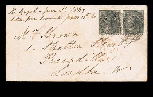 cover 1863 (3 June) envelope to Mrs. Brown in London, bearing India 1856 4a. black pair (small faults) cancelled "B/172" and sharing a fair strike of the very rare double-ring "OFFICE OF REGISTRY/SARAWAK" h.s. and with London Paid c.d.s. alongside, Singapore c.d.s. in red on reverse. Only three examples of this handstamp are recorded on cover. Photo