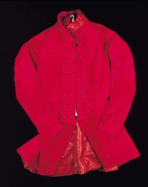 A rare lady's riding habit jacket and waistcoat, of crimson broadcloth, the jacket with turn-down collar and facings buttoned-back to simulate double-breasted fastening, half lined with red-glazed wool, the rest with linen - English, circa 1775 (backing of waistcoat replaced)