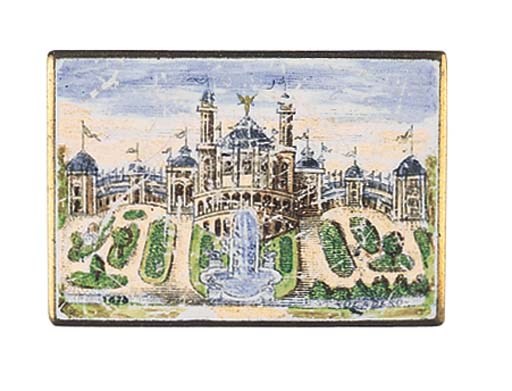 A pair of rectangular enamel buttons, celebrating the Paris Exposition Universelle of 1878, one depicting Trocadéro, dated 1878, the of the Champs de Mars, dated 1838--1.25in. (3cm.); and another similar depicting a ten pound note, with the date 10 Nov 1877