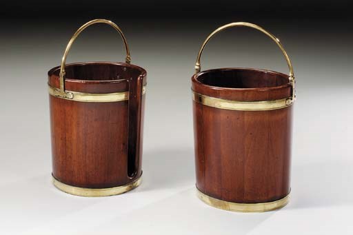 A PAIR OF GEORGE III BRASS-BOUND MAHOGANY BUCKETS