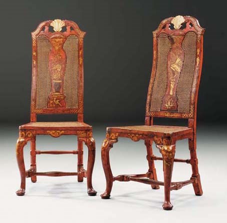 A PAIR OF GEORGE II RED AND GILT-JAPANNED SIDE CHAIRS