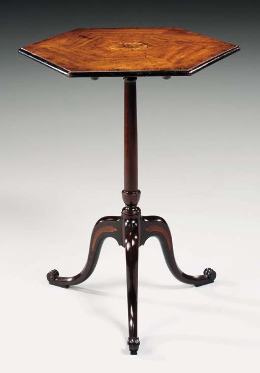 A GEORGE III MAHOGANY AND MARQUETRY HEXAGONAL TRIPOD TABLE