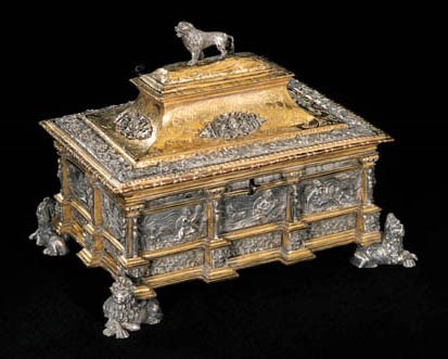 A GERMAN SILVER-MOUNTED COPPER-GILT CASKET