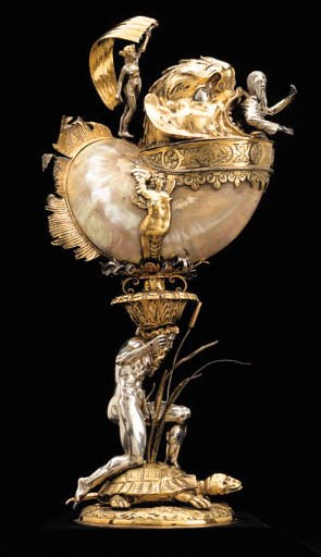 A GERMAN PARCEL-GILT MOUNTED TURBAN OR TURBO SHELL CUP AND COVER