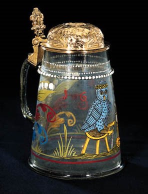 A GERMAN SILVER-GILT MOUNTED ENAMELLED GLASS TANKARD