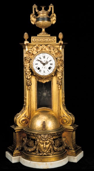 A LOUIS XVI ORMOLU MANTEL CLOCK, INCORPORATING AN EARLY 18TH CENTURY FRENCH GILT-COPPER TERRESTRIAL GLOBE