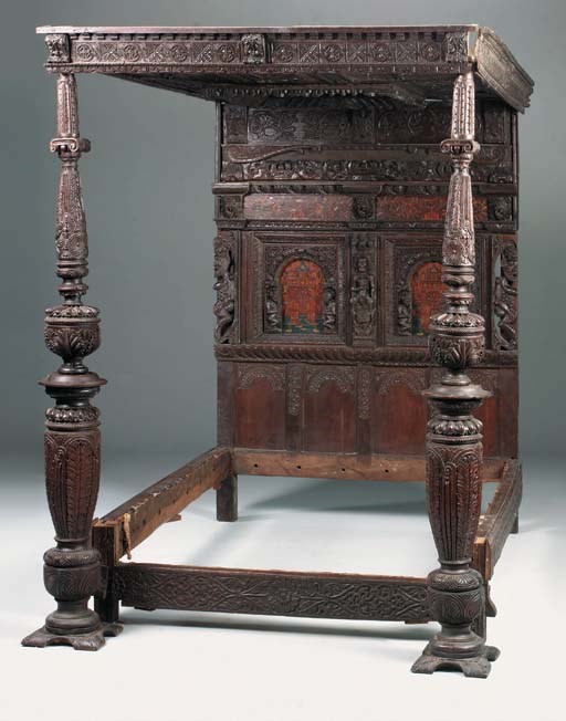 A carved oak and marquetry tester bedstead, English, late 16th early 17th century and later