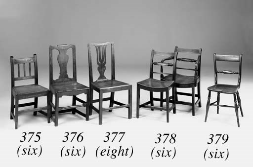 A set of eight elm and beech solid seat chairs, English, late 18th century