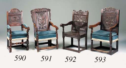 An oak panel back armchair, English, 17th century and later